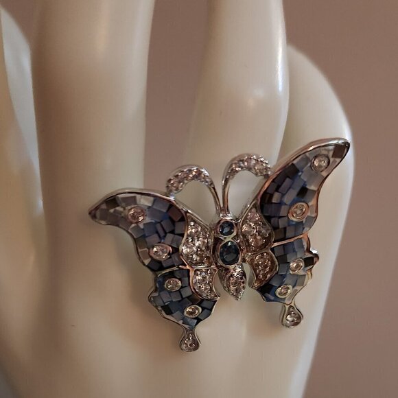 JTV-MOSAIC MOP, TOPAZ & ZIRCON RHODIUM OVER 925 SILVER BUTTERFLY RING
